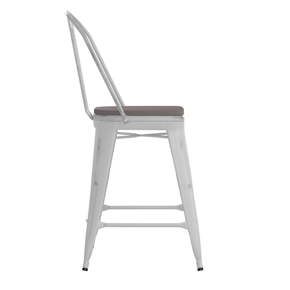 Carly Commercial Grade 24" High White Metal Indoor-Outdoor Counter Height Stool with Back with Gray Poly Resin Wood Seat. Picture 10