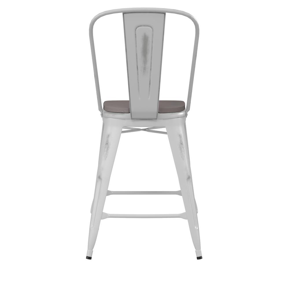 Carly Commercial Grade 24" High White Metal Indoor-Outdoor Counter Height Stool with Back with Gray Poly Resin Wood Seat. Picture 9