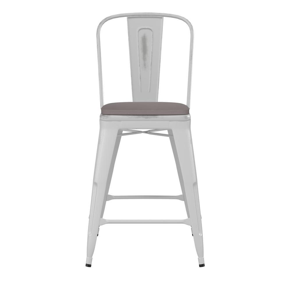 Carly Commercial Grade 24" High White Metal Indoor-Outdoor Counter Height Stool with Back with Gray Poly Resin Wood Seat. Picture 11
