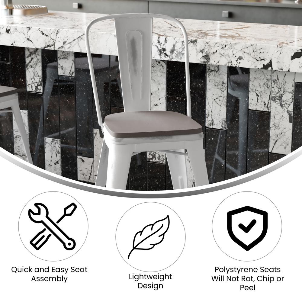 Carly Commercial Grade 24" High White Metal Indoor-Outdoor Counter Height Stool with Back with Gray Poly Resin Wood Seat. Picture 4