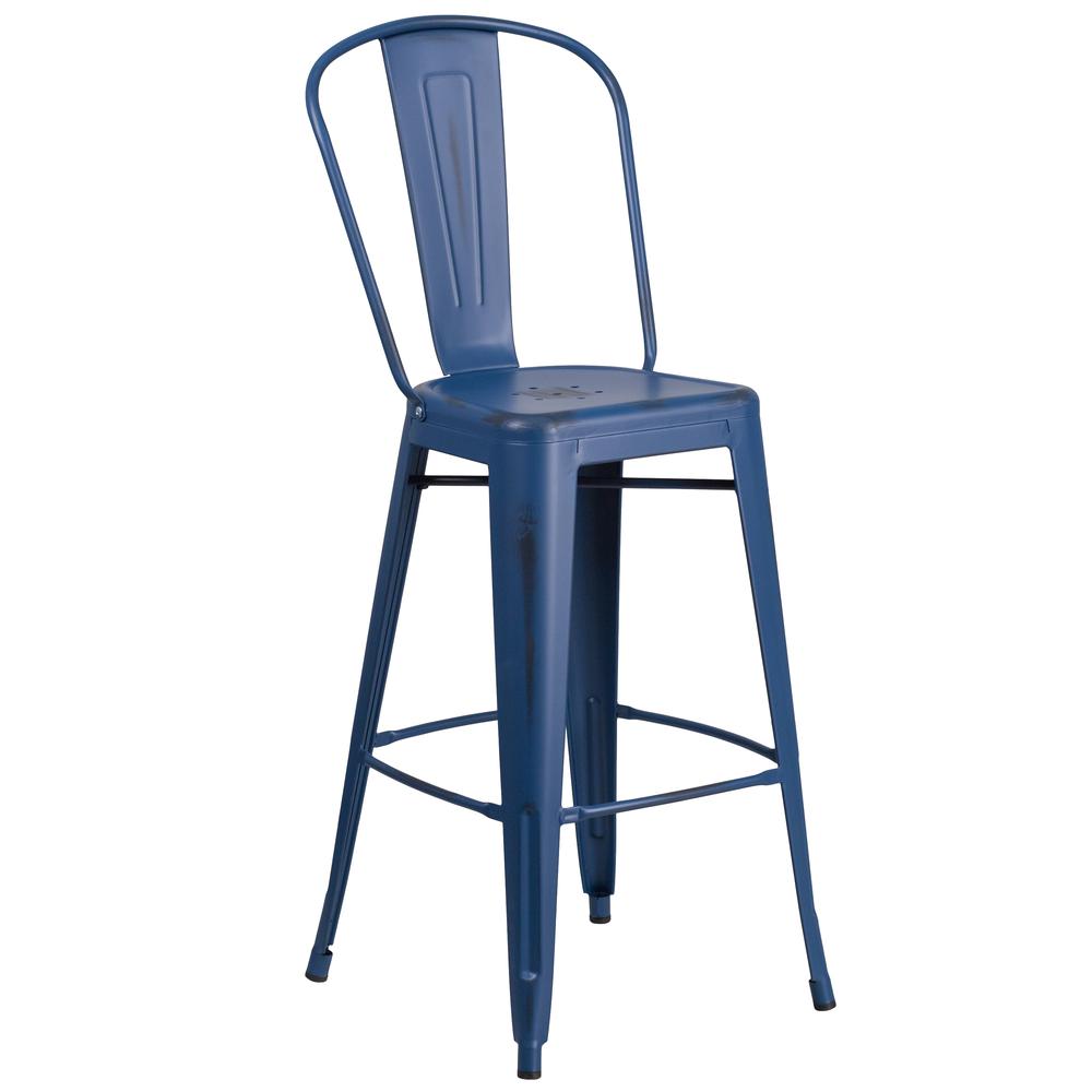 Commercial Grade 30" High Distressed Antique Blue Metal Indoor-Outdoor Barstool with Back. Picture 1