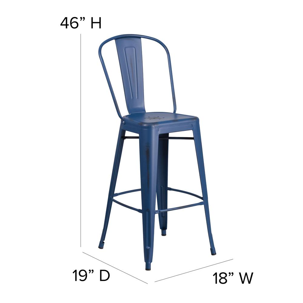Commercial Grade 30" High Distressed Antique Blue Metal Indoor-Outdoor Barstool with Back. Picture 2