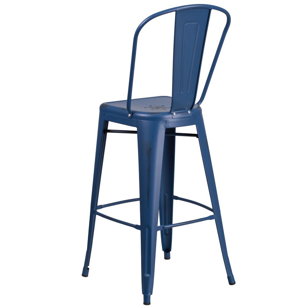 Commercial Grade 30" High Distressed Antique Blue Metal Indoor-Outdoor Barstool with Back. Picture 4