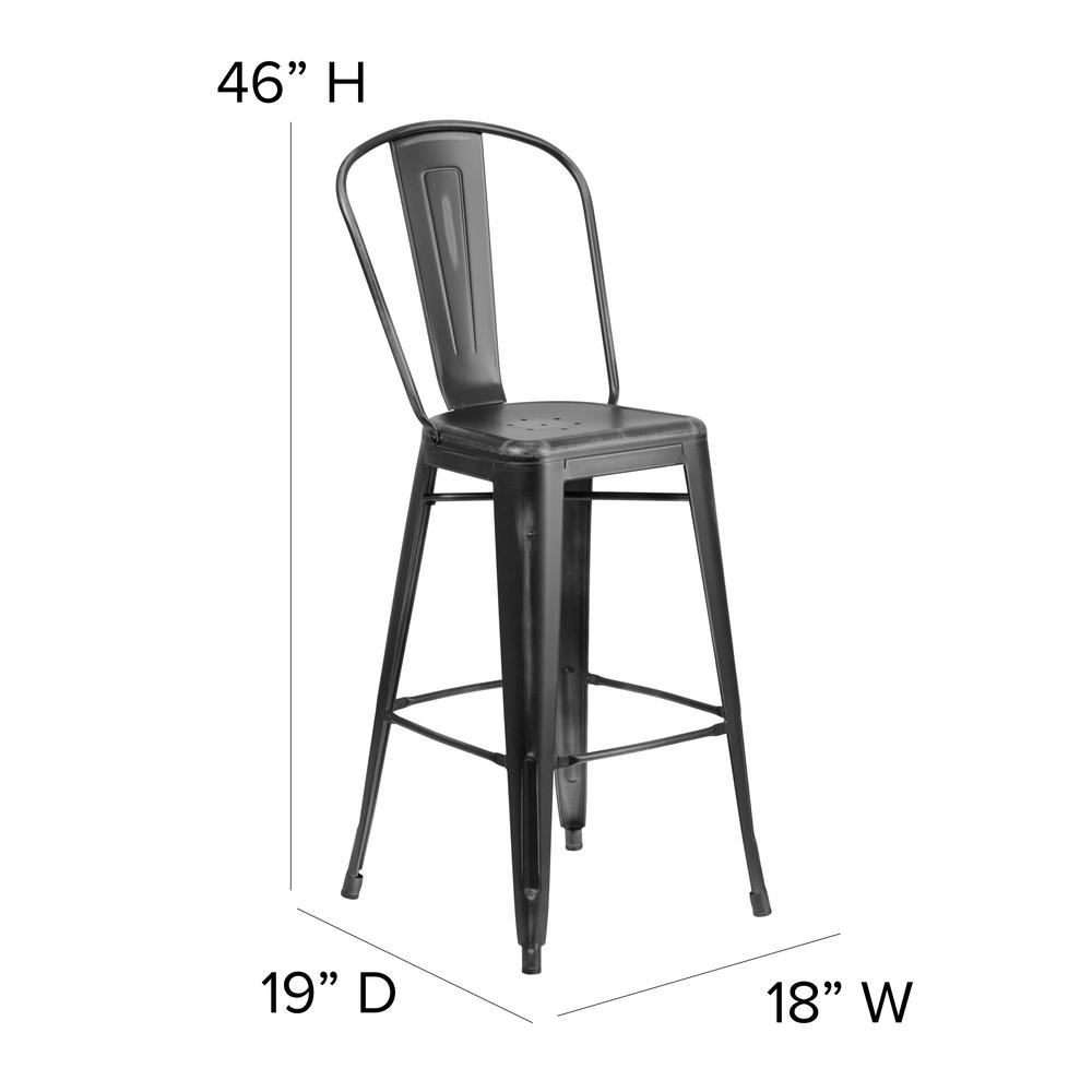 Commercial Grade 30" High Distressed Black Metal Indoor-Outdoor Barstool with Back. Picture 2