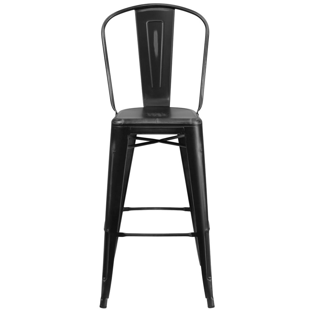 Commercial Grade 30" High Distressed Black Metal Indoor-Outdoor Barstool with Back. Picture 5