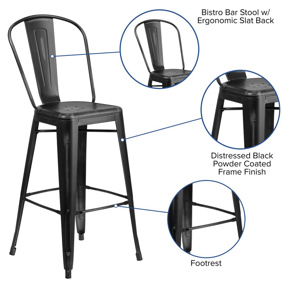 Commercial Grade 30" High Distressed Black Metal Indoor-Outdoor Barstool with Back. Picture 6