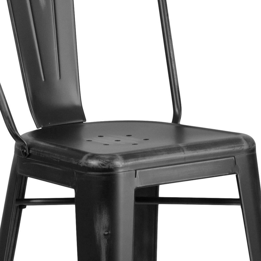 Commercial Grade 30" High Distressed Black Metal Indoor-Outdoor Barstool with Back. Picture 7