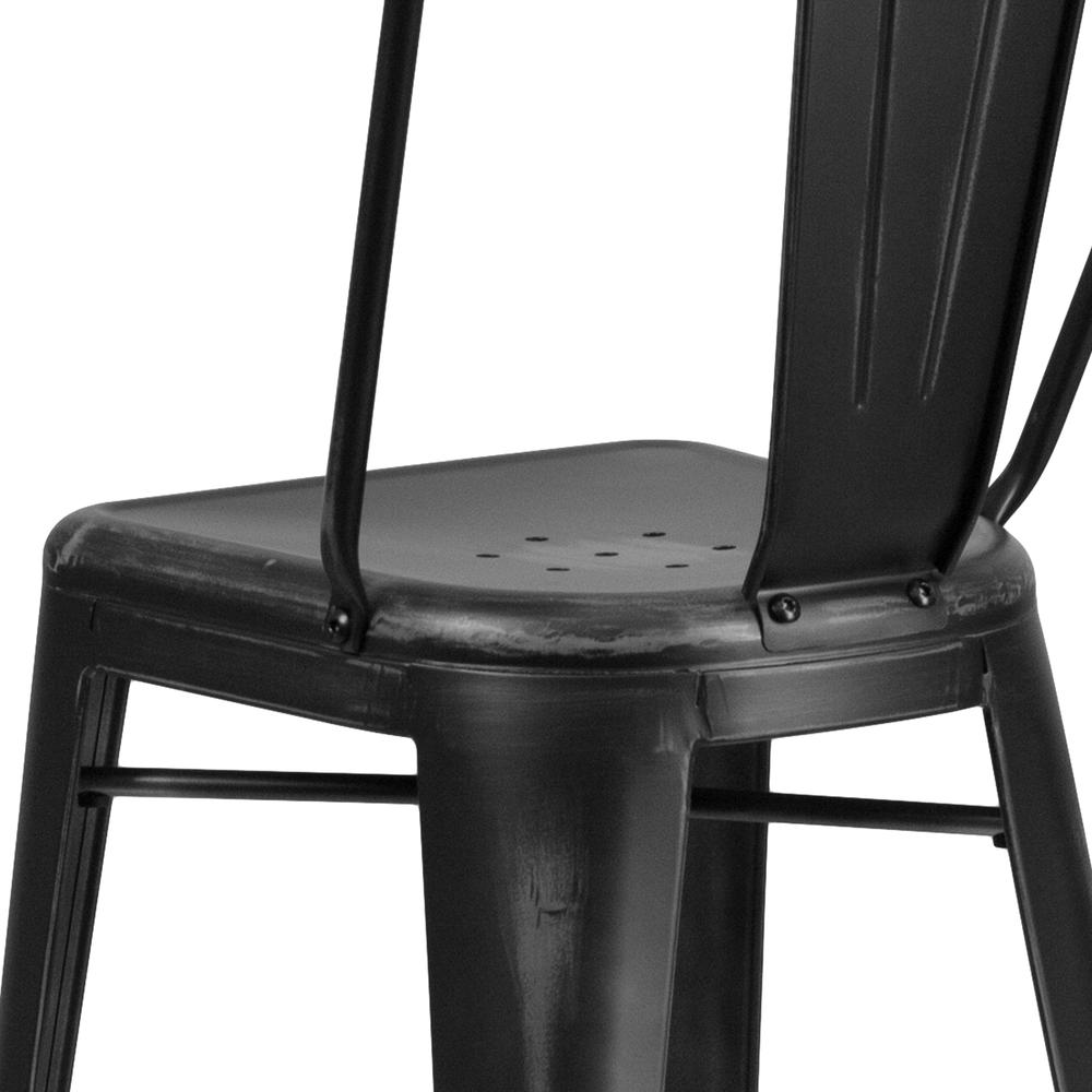 Commercial Grade 30" High Distressed Black Metal Indoor-Outdoor Barstool with Back. Picture 8