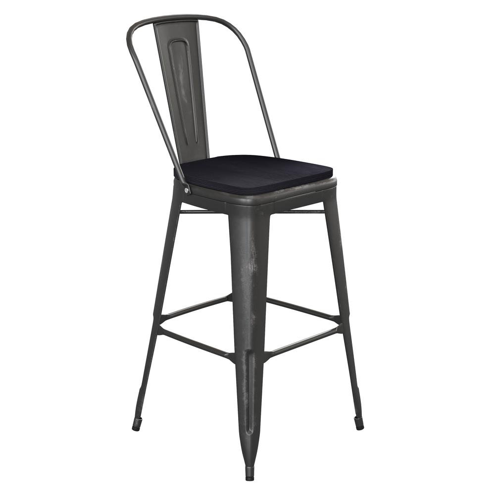 Carly Commercial Grade 30" High Black Metal Indoor-Outdoor Barstool with Back with Black Poly Resin Wood Seat. Picture 2