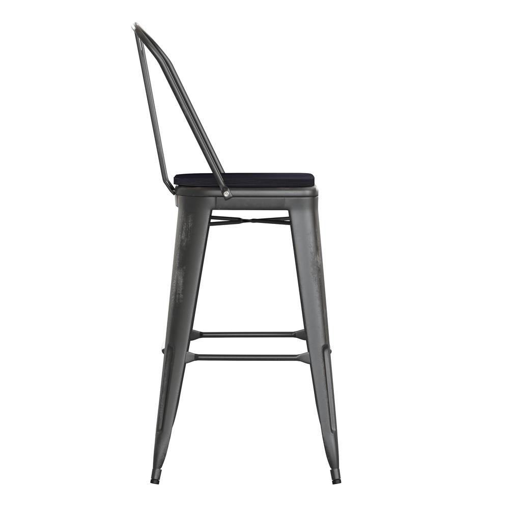 Carly Commercial Grade 30" High Black Metal Indoor-Outdoor Barstool with Back with Black Poly Resin Wood Seat. Picture 10