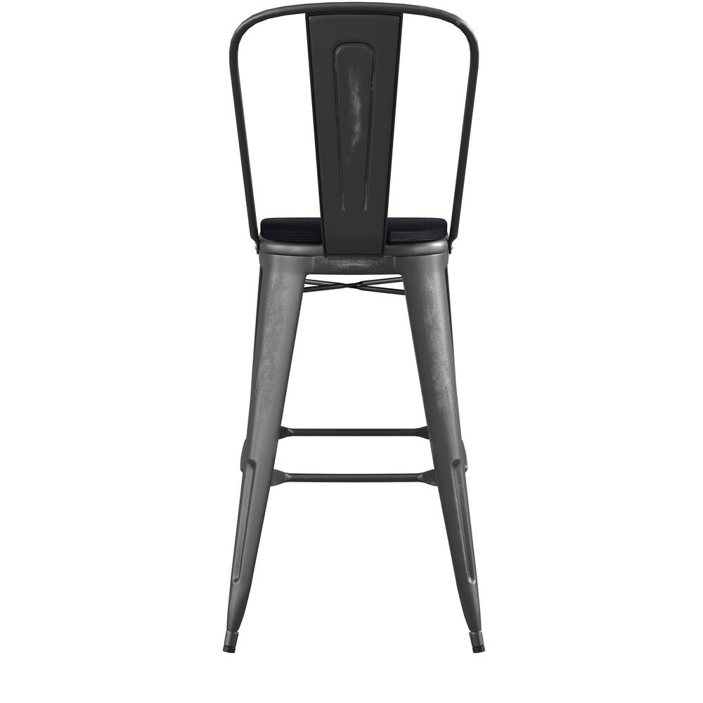 Carly Commercial Grade 30" High Black Metal Indoor-Outdoor Barstool with Back with Black Poly Resin Wood Seat. Picture 9