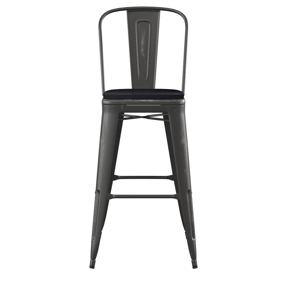 Carly Commercial Grade 30" High Black Metal Indoor-Outdoor Barstool with Back with Black Poly Resin Wood Seat. Picture 11