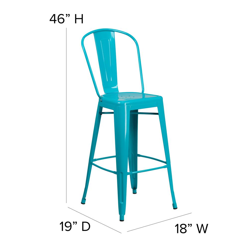 Commercial Grade 30" High Crystal Teal-Blue Metal Indoor-Outdoor Barstool with Back. Picture 2