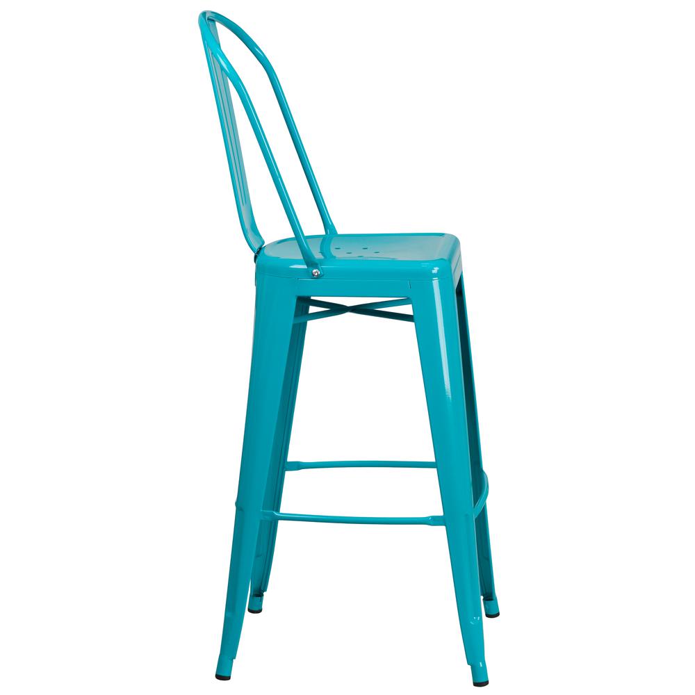 Commercial Grade 30" High Crystal Teal-Blue Metal Indoor-Outdoor Barstool with Back. Picture 3