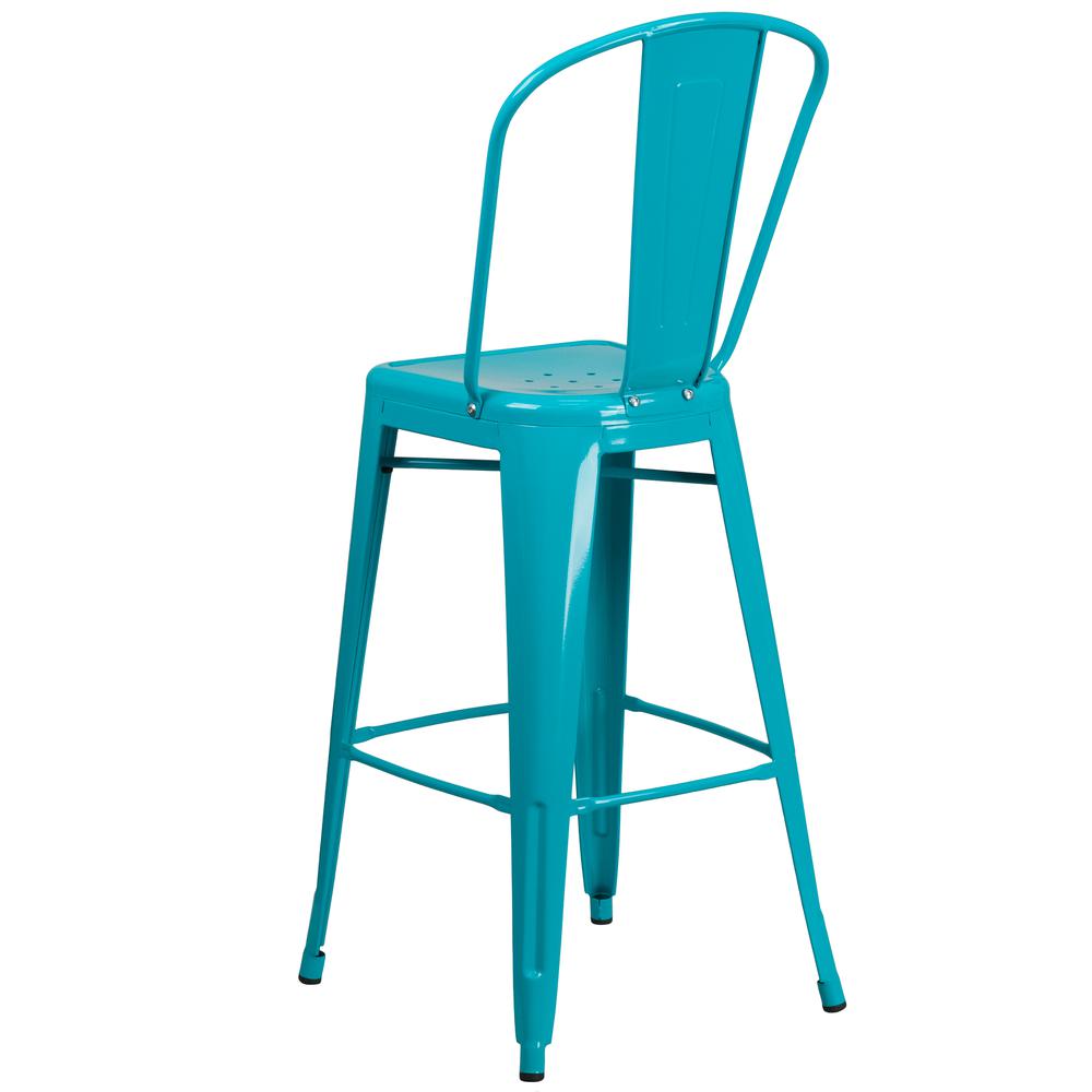 Commercial Grade 30" High Crystal Teal-Blue Metal Indoor-Outdoor Barstool with Back. Picture 4