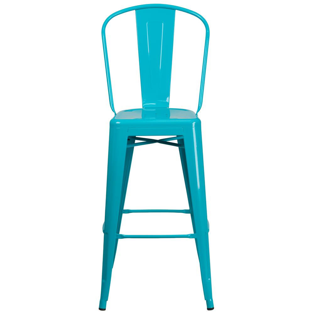 Commercial Grade 30" High Crystal Teal-Blue Metal Indoor-Outdoor Barstool with Back. Picture 5