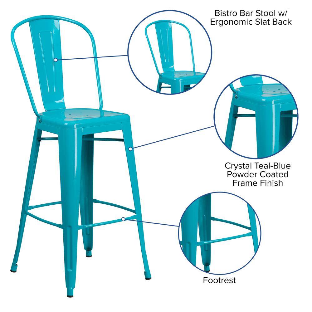 Commercial Grade 30" High Crystal Teal-Blue Metal Indoor-Outdoor Barstool with Back. Picture 6