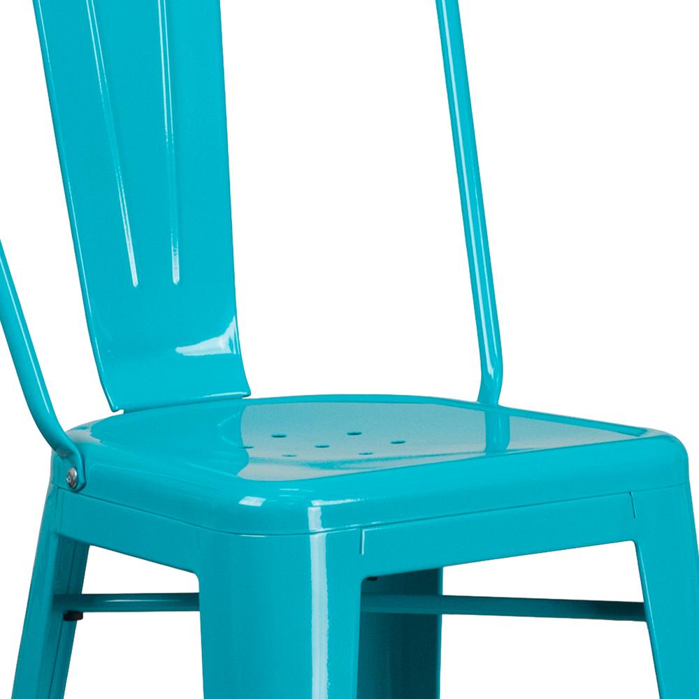 Commercial Grade 30" High Crystal Teal-Blue Metal Indoor-Outdoor Barstool with Back. Picture 7