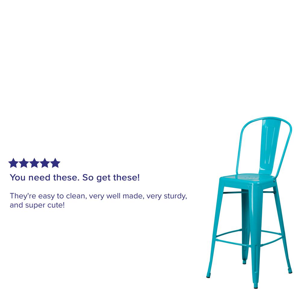 Commercial Grade 30" High Crystal Teal-Blue Metal Indoor-Outdoor Barstool with Back. Picture 9