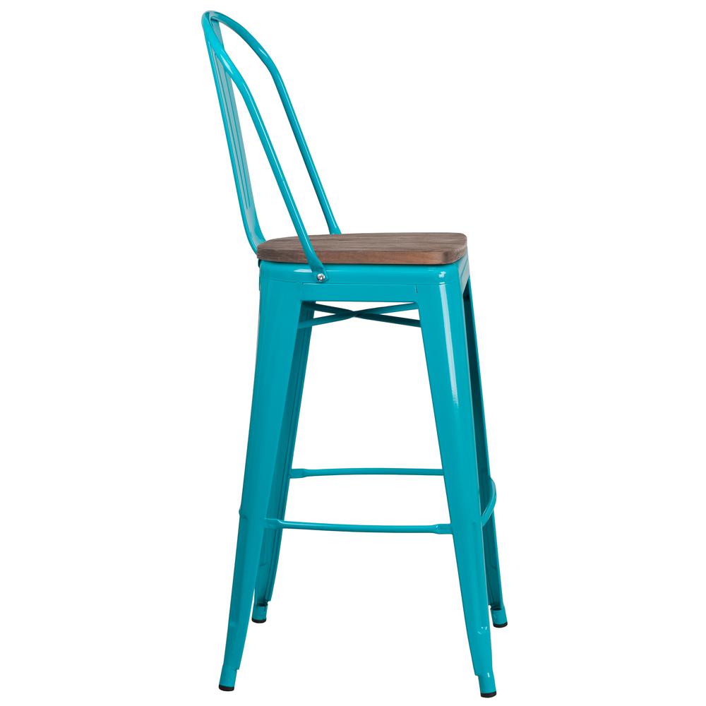 30" High Crystal Teal-Blue Metal Barstool with Back and Wood Seat. Picture 2