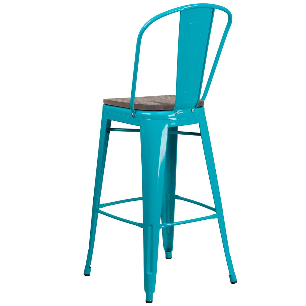30" High Crystal Teal-Blue Metal Barstool with Back and Wood Seat. Picture 3