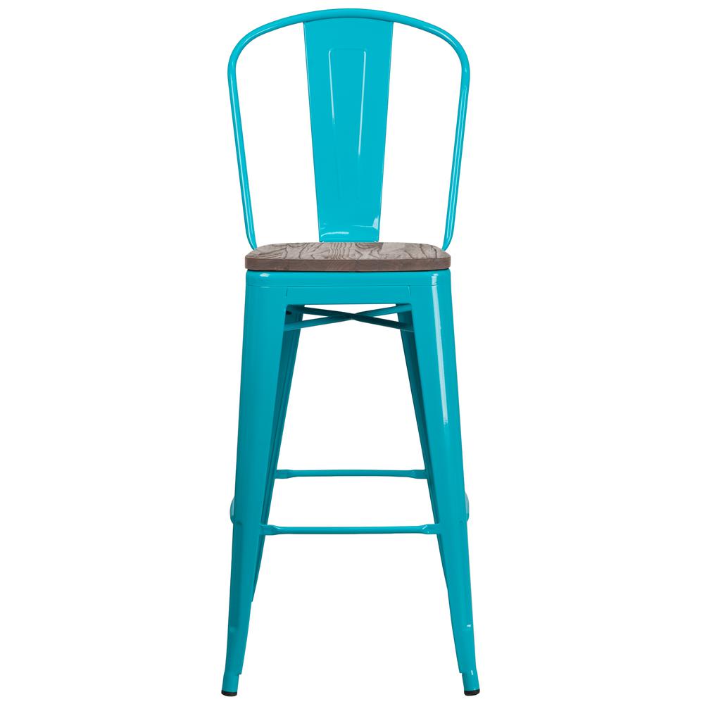 30" High Crystal Teal-Blue Metal Barstool with Back and Wood Seat. Picture 4