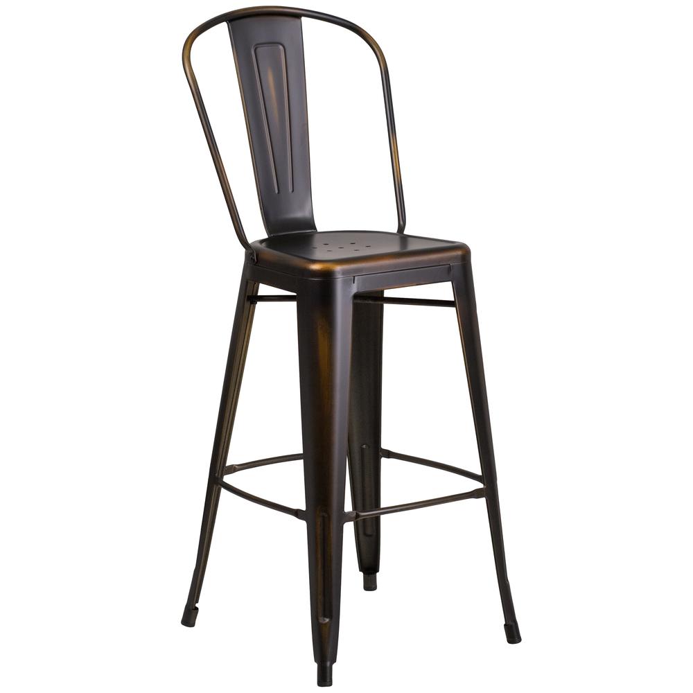 Commercial Grade 30" High Distressed Copper Metal Indoor-Outdoor Barstool with Back. Picture 1