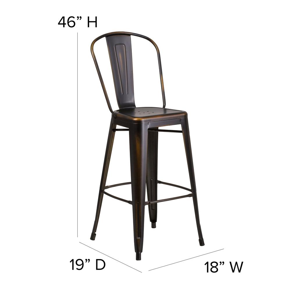 Commercial Grade 30" High Distressed Copper Metal Indoor-Outdoor Barstool with Back. Picture 2