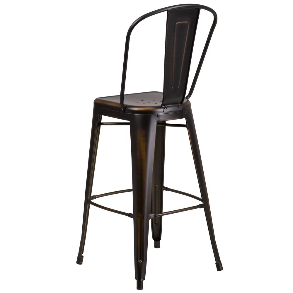 Commercial Grade 30" High Distressed Copper Metal Indoor-Outdoor Barstool with Back. Picture 4