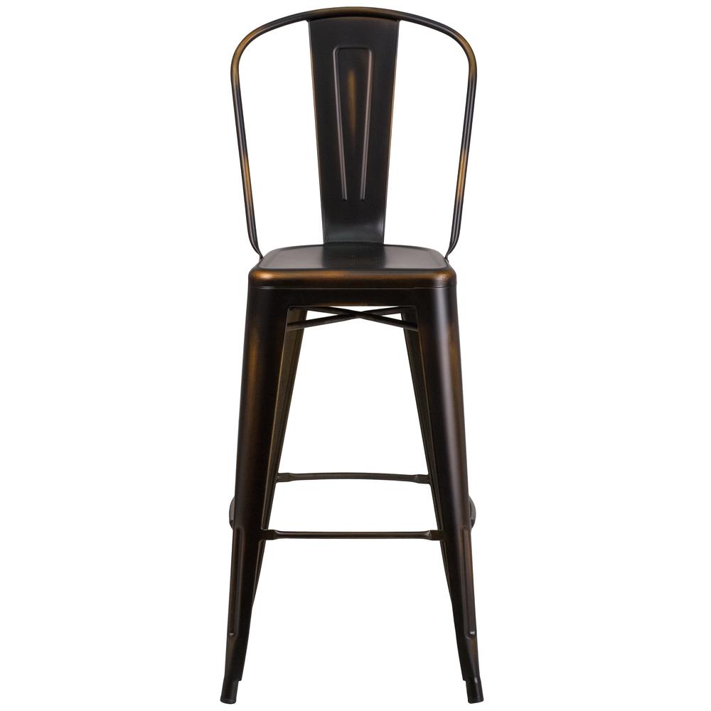 Commercial Grade 30" High Distressed Copper Metal Indoor-Outdoor Barstool with Back. Picture 5