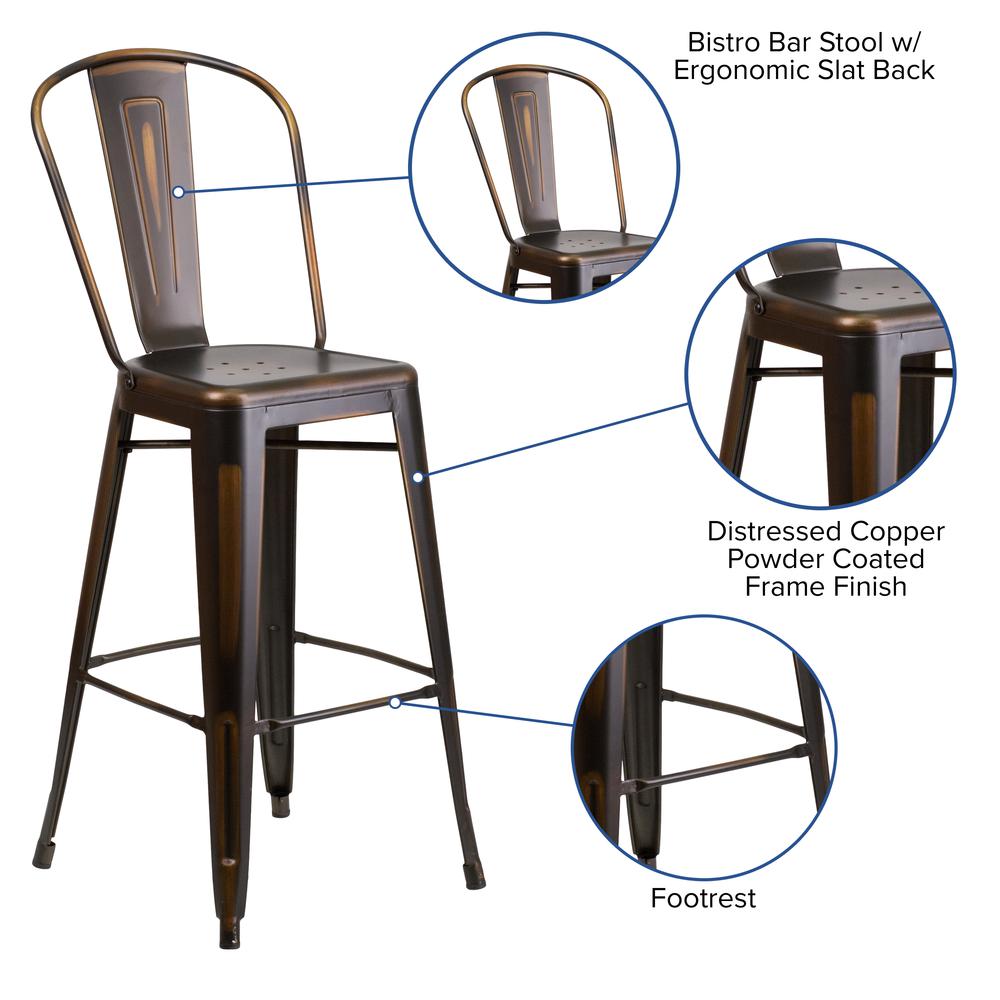 Commercial Grade 30" High Distressed Copper Metal Indoor-Outdoor Barstool with Back. Picture 6