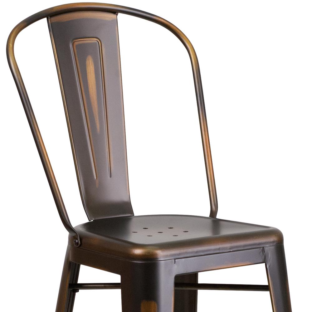 Commercial Grade 30" High Distressed Copper Metal Indoor-Outdoor Barstool with Back. Picture 7