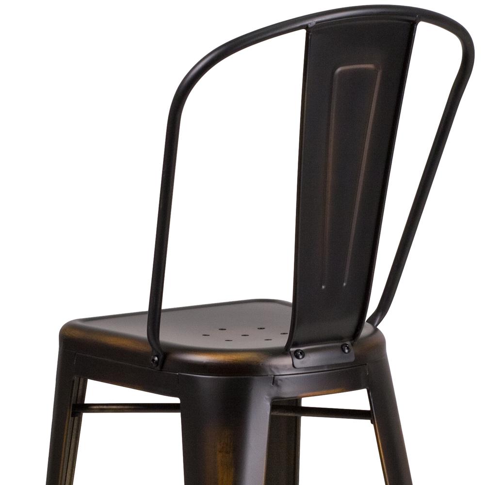 Commercial Grade 30" High Distressed Copper Metal Indoor-Outdoor Barstool with Back. Picture 8