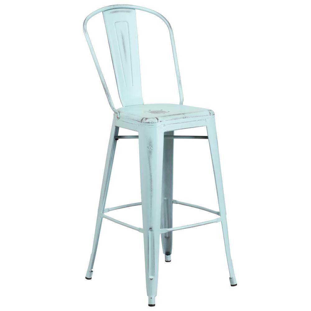 Commercial Grade 30" High Distressed Green-Blue Metal Indoor-Outdoor Barstool with Back. Picture 1