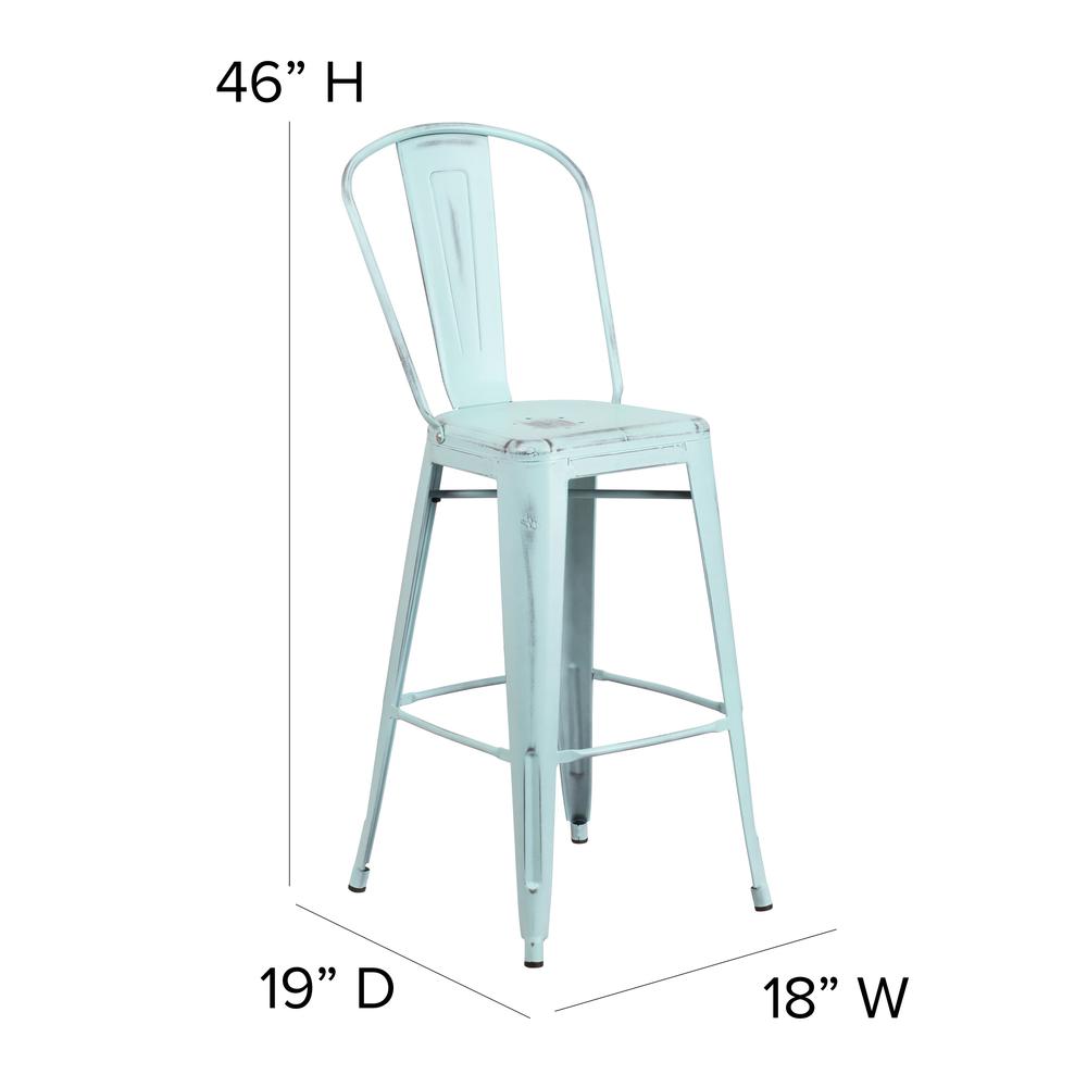 Commercial Grade 30" High Distressed Green-Blue Metal Indoor-Outdoor Barstool with Back. Picture 2
