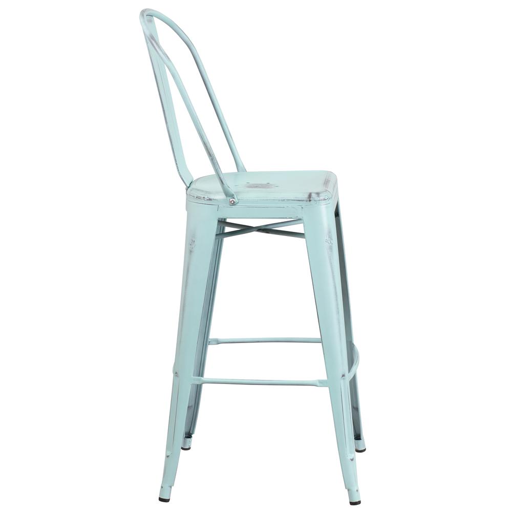 Commercial Grade 30" High Distressed Green-Blue Metal Indoor-Outdoor Barstool with Back. Picture 3