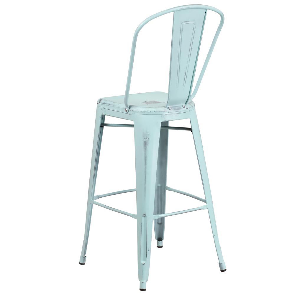 Commercial Grade 30" High Distressed Green-Blue Metal Indoor-Outdoor Barstool with Back. Picture 4