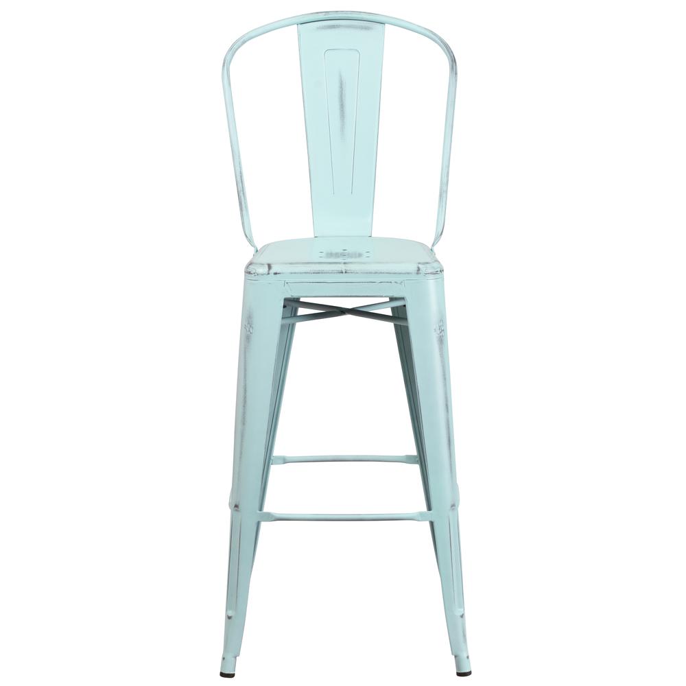 Commercial Grade 30" High Distressed Green-Blue Metal Indoor-Outdoor Barstool with Back. Picture 5