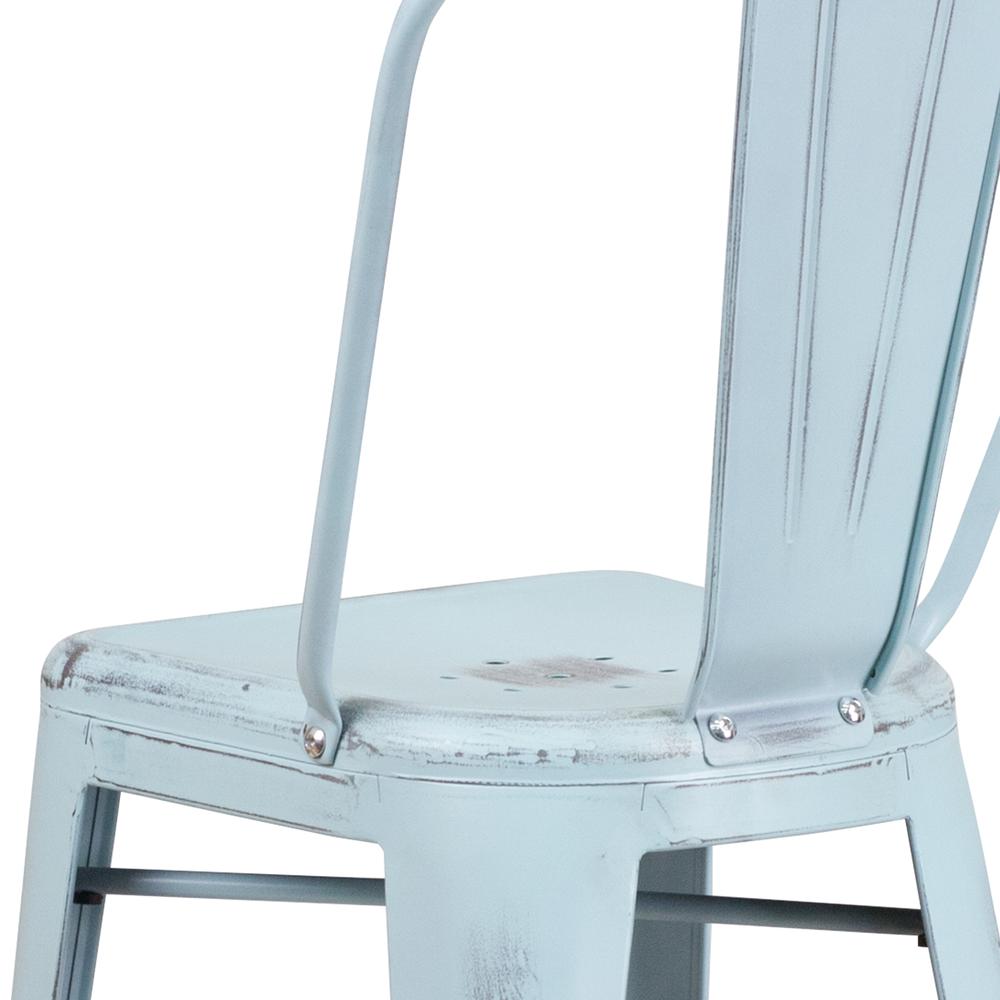 Commercial Grade 30" High Distressed Green-Blue Metal Indoor-Outdoor Barstool with Back. Picture 7
