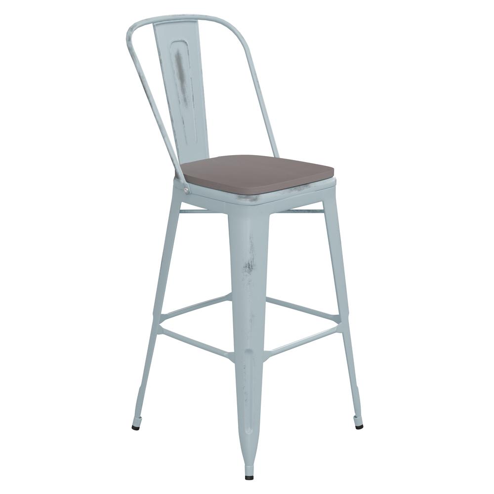 Carly Commercial Grade 30" High Green-Blue Metal Indoor-Outdoor Barstool with Back with Gray Poly Resin Wood Seat. Picture 2