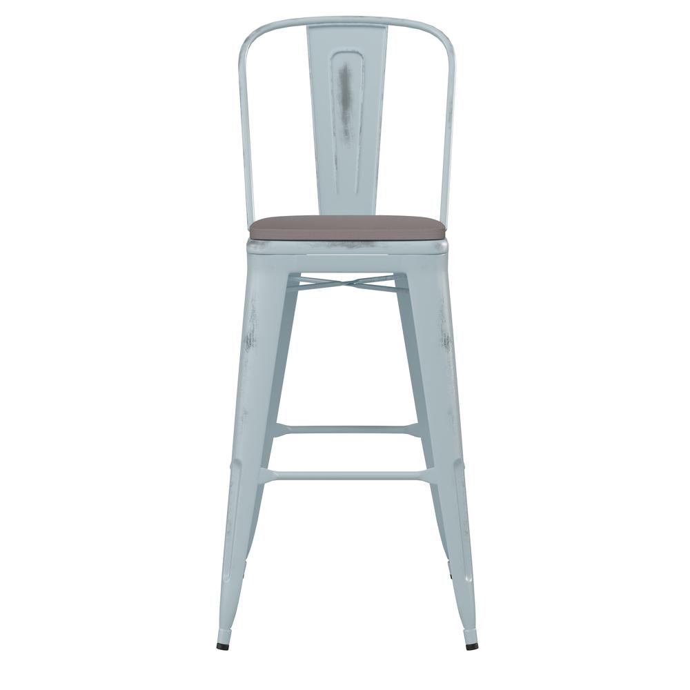 Carly Commercial Grade 30" High Green-Blue Metal Indoor-Outdoor Barstool with Back with Gray Poly Resin Wood Seat. Picture 11