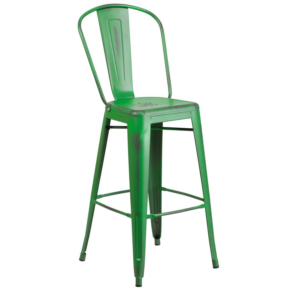 Commercial Grade 30" High Distressed Green Metal Indoor-Outdoor Barstool with Back. The main picture.