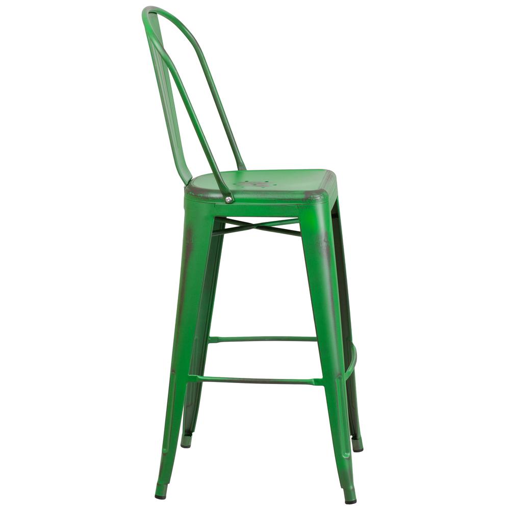 Commercial Grade 30" High Distressed Green Metal Indoor-Outdoor Barstool with Back. Picture 2
