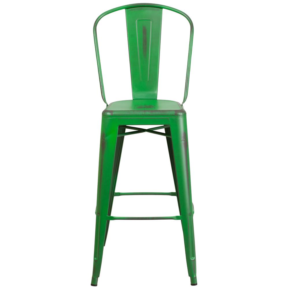 Commercial Grade 30" High Distressed Green Metal Indoor-Outdoor Barstool with Back. Picture 4