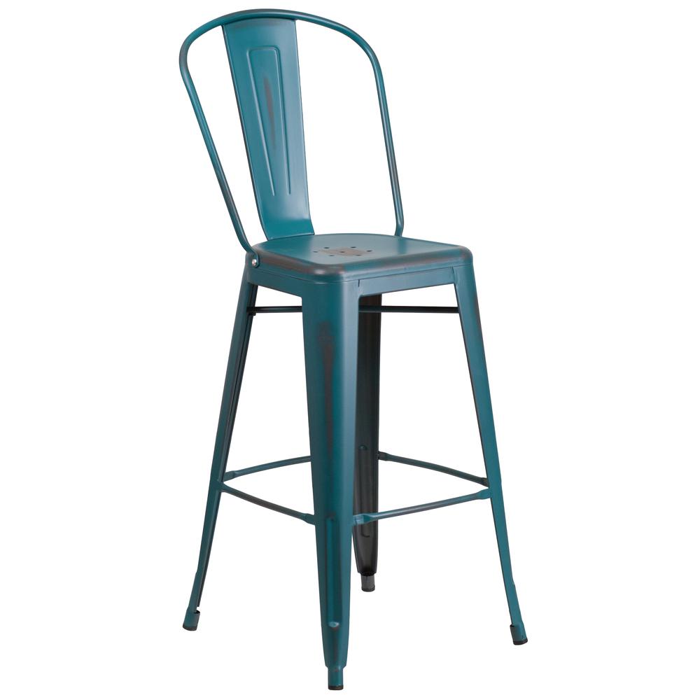 Commercial Grade 30" High Distressed Kelly Blue-Teal Metal Indoor-Outdoor Barstool with Back. Picture 1