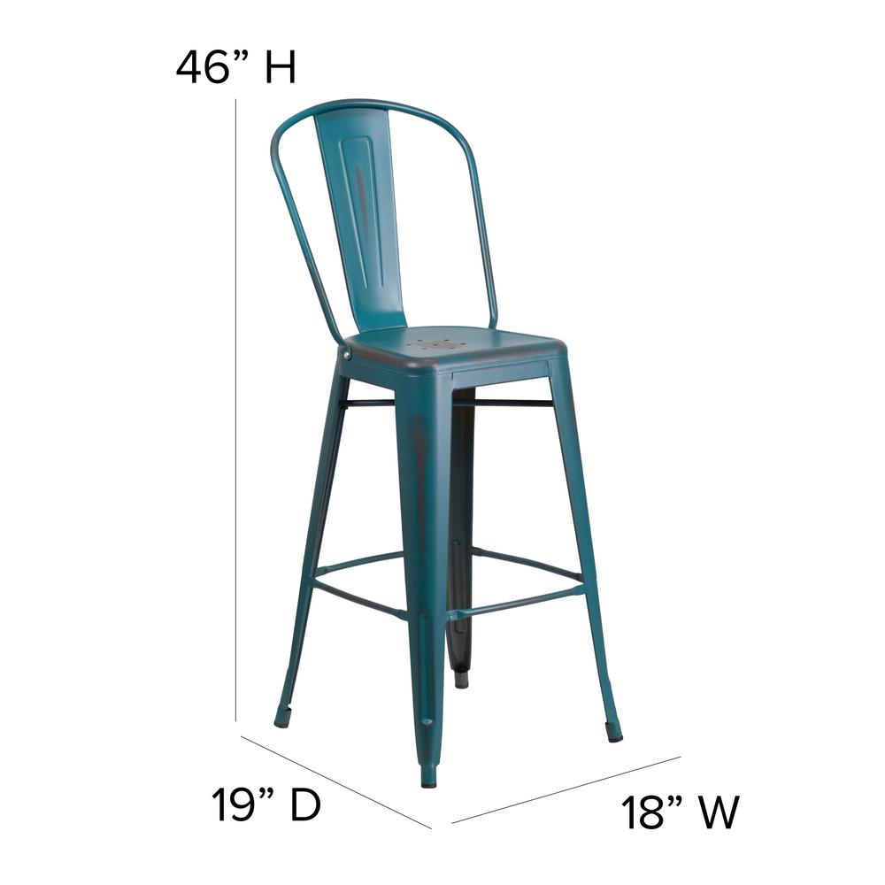 Commercial Grade 30" High Distressed Kelly Blue-Teal Metal Indoor-Outdoor Barstool with Back. Picture 2