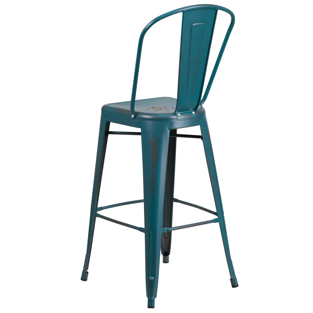 Commercial Grade 30" High Distressed Kelly Blue-Teal Metal Indoor-Outdoor Barstool with Back. Picture 4