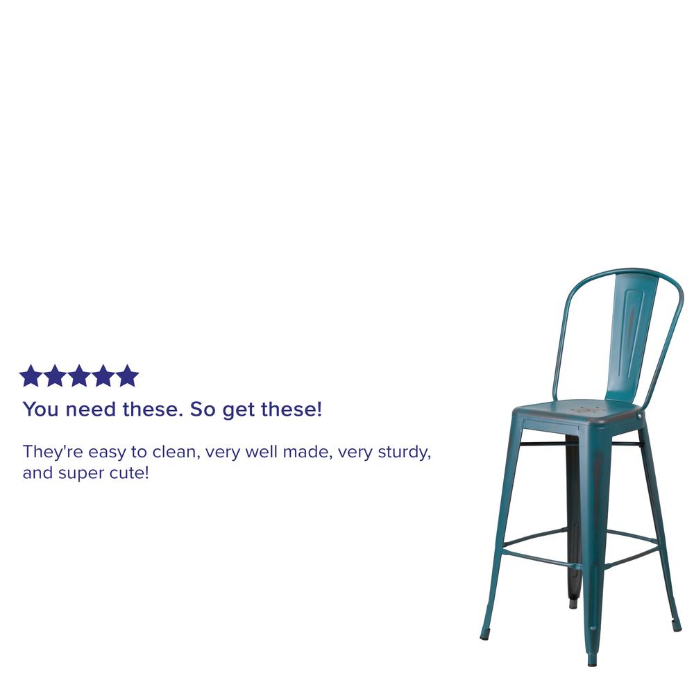 Commercial Grade 30" High Distressed Kelly Blue-Teal Metal Indoor-Outdoor Barstool with Back. Picture 6