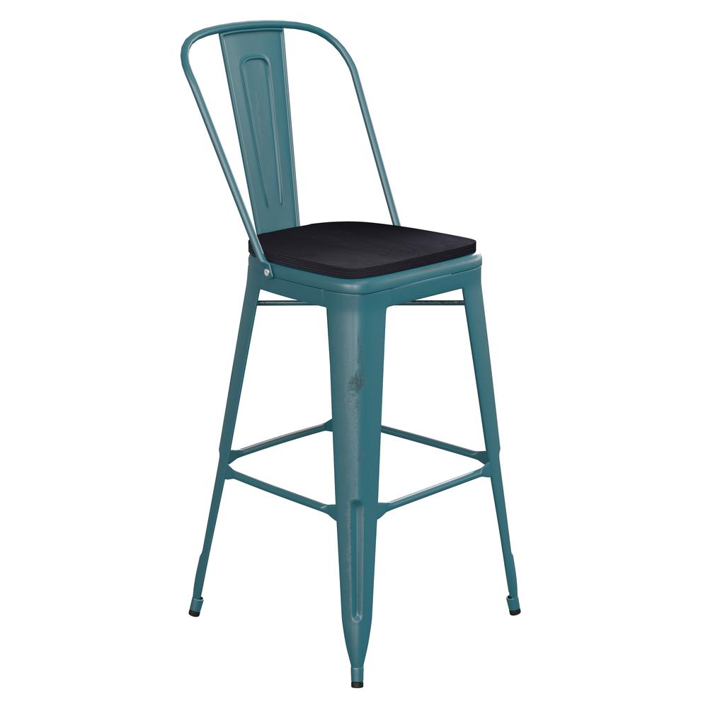 30" High Kelly Blue-Teal Metal Indoor-Barstool with Black Poly Resin Wood Seat. Picture 2