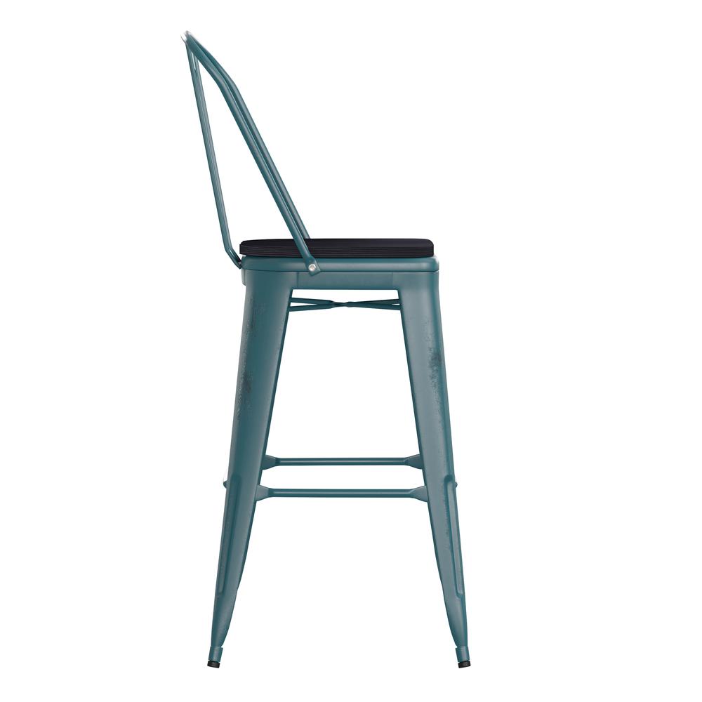 30" High Kelly Blue-Teal Metal Indoor-Barstool with Black Poly Resin Wood Seat. Picture 10